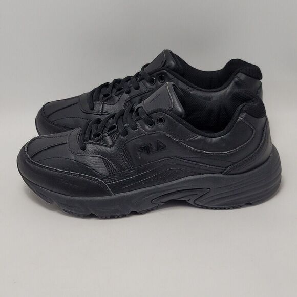 Fila Shoes - FILA Womens Memory Workshift Slip Resistant Low Leather Sneakers Black Size 9
